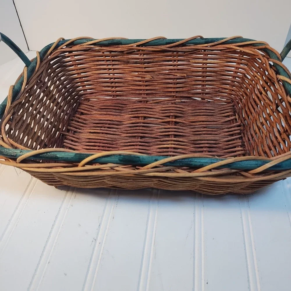 Vintage Woven Wicker Basket Ceramic Apple Handles Green Trim Rectangular Cottage